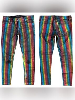 Vintage Lip Service Rainbow Pride Metallic Waxed Low Rise Skinny Jeans Size 30